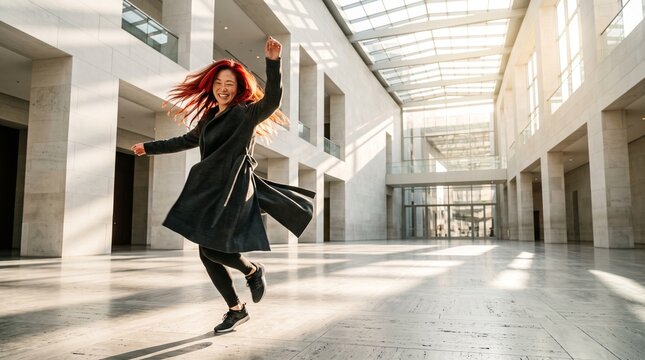Woman Celebrating Success in Modern Office Building