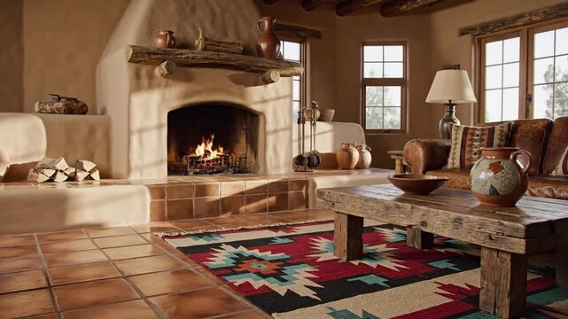 Warm rustic interior of a Santa Fe style home featuring a kiva fireplace and Navajo rug