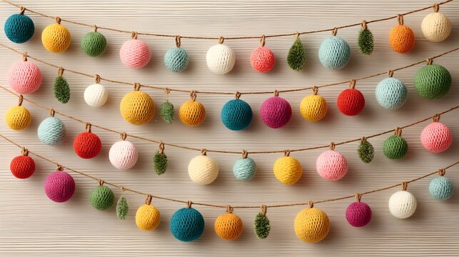 Colorful pom-pom garland with felt leaves, creating a whimsical and festive decoration. The pom-poms are made of yarn in various shades, strung together on a twine string.