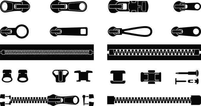 Zipper pull tabs and slides black silhouette vector elements set for garment tailoring accessories