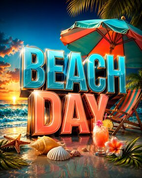 Colorful 3d beach day lettering with tropical summer vacation elements like seashells a cocktail and a sunset ocean view