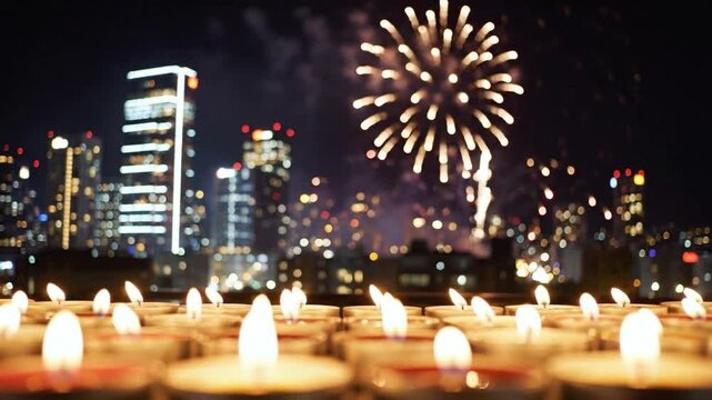Warm tea light candles on a terrace with festive fireworks illuminating the urban city skyline