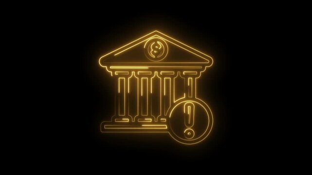 Glowing golden neon outline of a classical bank building with an exclamation mark inside a icon