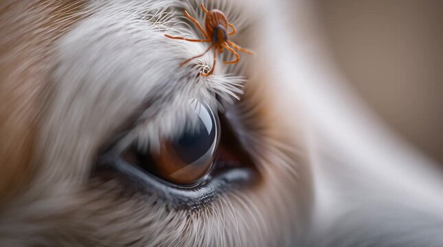 Extreme macro video of a tick crawling through dog fur near the eye. Parasite moving across pet hair in natural daylight, highlighting veterinary care, tick prevention and animal health.
