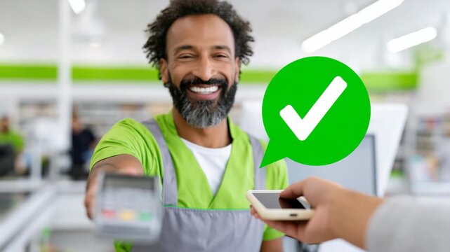 Tracking shot of cashier accepting contactless mobile payment at supermarket checkout counter with smiling employee in green uniform