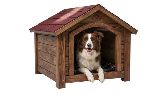 Border collie dog resting inside a wooden dog house with a red shingled roof and cozy plaid bedding rendered in PNG format isolated on a transparent background