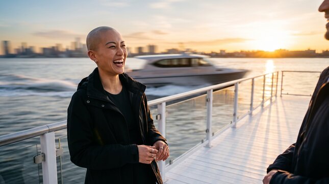 Woman Laughing on Waterfront Pier at Sunset