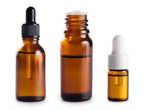 Various bottles of essential oil isolated on a white background. Collection with clipping path.