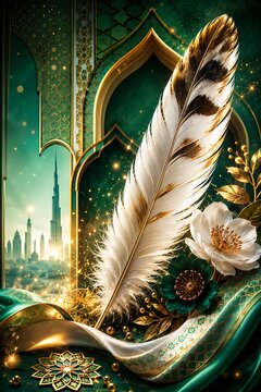 A beautiful feather quill pen resting near a decorative floral frame with a glowing city silhouette in the magical night background