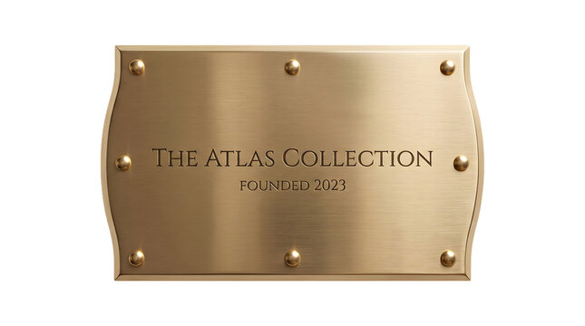 Brass plaque with engraved lettering and decorative rivets featuring a polished wavy edged border rendered in PNG format isolated on a transparent background