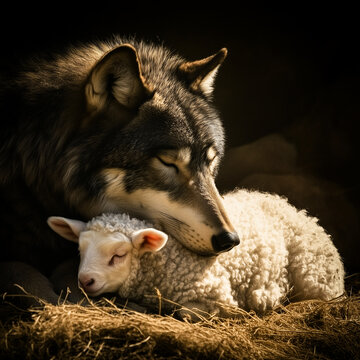 Wolf resting peacefully with a lamb sleeping against it in warm light, wolf and the lamb concept