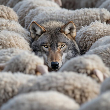 Wolf staring intently from within a flock of sheep, wolf in sheep's clothing concept