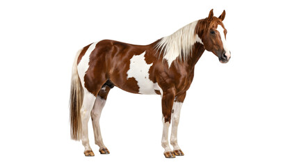 Paint horse with a striking brown and white coat standing calmly showing a flowing mane and long tail rendered in PNG format isolated on a transparent background © Inkartia