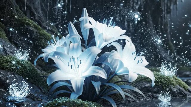 White fantasy lily flowers emitting a soft pulsing glow in a dark atmospheric mossy environment