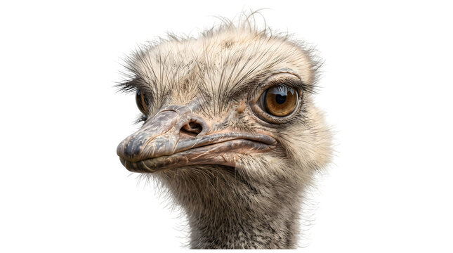 Ostrich head with expressive brown eyes and detailed feathered face captured in close up as isolated PNG with transparent background
