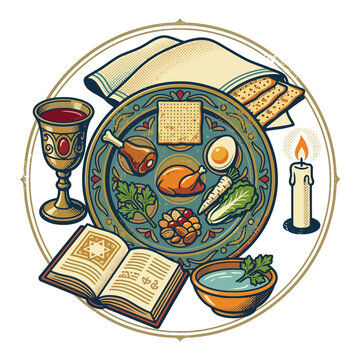Jewish Seder Plate with Traditional Foods.