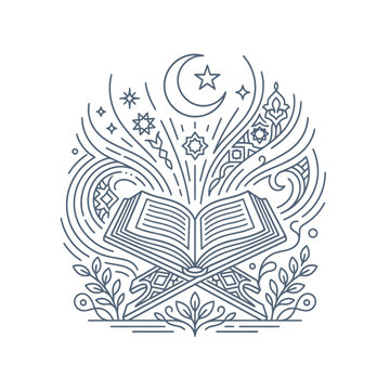 Open book with crescent moon and stars.