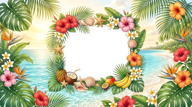 A vibrant tropical beach border frame featuring hibiscus, plumeria, monstera leaves, exotic fruits, and seashells, with empty center space for your summer design.