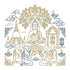 Naklejka premium Buddha statue with monks in meditation.