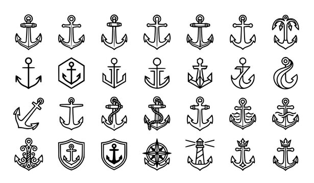 Modern Anchor Icons Vector Set with Nautical Marine Symbol Collection for Logo and Navigation Design