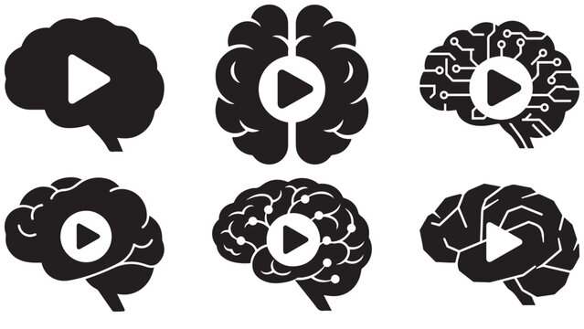 Brain video play icons with creative, circuit, cloud and geometric concepts for digital media, artificial intelligence, learning and innovation graphics