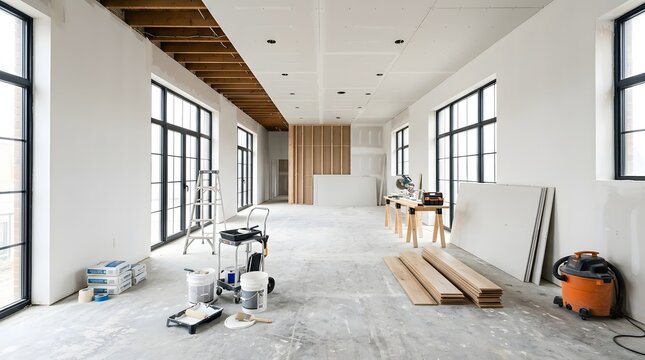 Empty room with construction tools and large windows