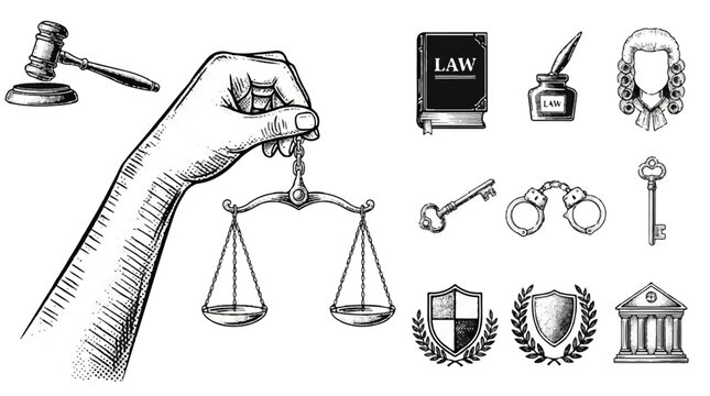 Set of hand drawn law and justice icons with scales and gavel judge wig legal system illustration collection courtroom attorney handcuffs building