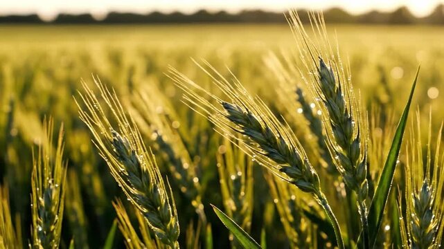 Young green wheat ears swaying in a summer breeze with a lush field in the background