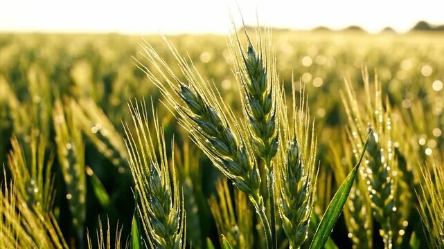 Young green wheat ears with dew drops swaying gently in the golden sunlight of a summer field