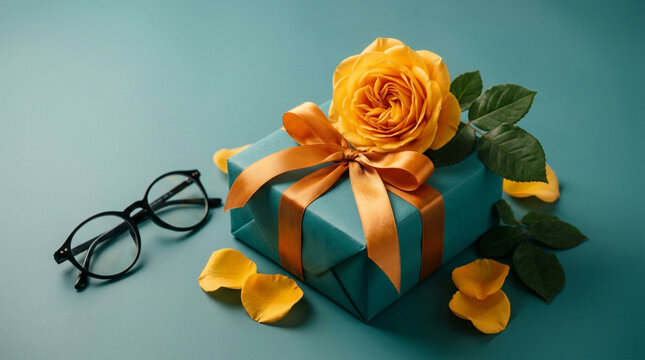 Gift box with yellow rose and glasses on teal background