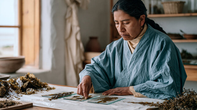 Peruvian marine biologist at a coastal research station pressing seaweed samples between glass slides under a sterile white backdrop, tide pool ecology, algae taxonomy, aging