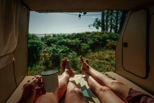 Morning Coffee in Vintage Campervan with Fern Forest View &ndash; Van Life Lifestyle