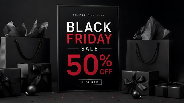 Black friday sale sign with shopping bags and gift boxes gift box discount sal