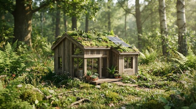 Small house with green roof in forest