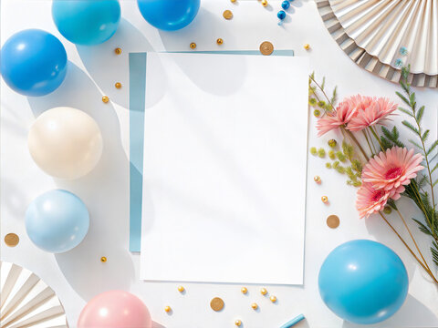 Blank white stationery card mockup with blue envelope, and balloons.