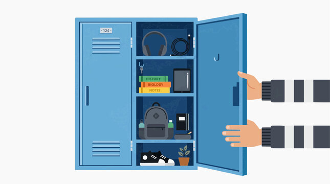 A vector graphic illustration of a blue school locker with its door open on transparent background Typical brazilian food,