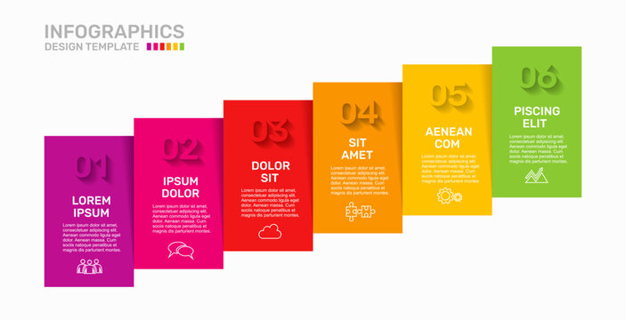 Modern business infographic template featuring six overlapping colorful vertical blocks with line icons. Vector illustration.