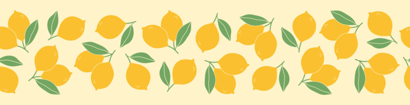 Lemon with leaves silhouettes seamless border. Colorful citrus fruit on light yellow background for print, fabric, invitation, poster
