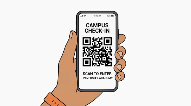 A hand holding a smartphone with a QR code for campus check-in on transparent background Typical brazilian food,