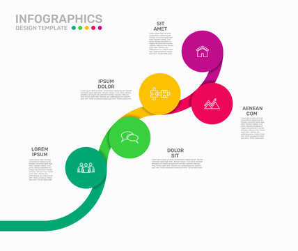 Modern business infographic template featuring five circular steps connected by a winding ribbon. Vector illustration.