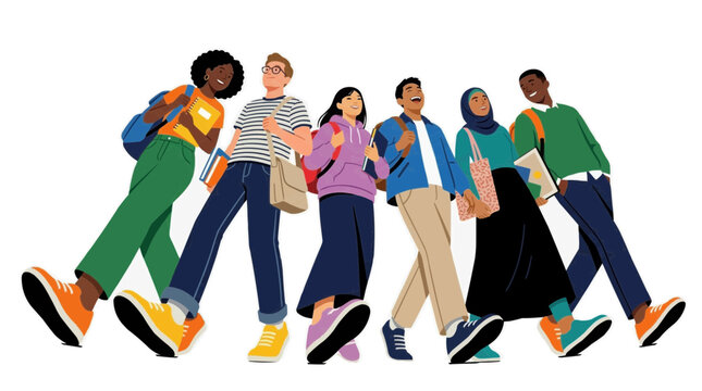 A diverse group of young adults walking together in a vibrant and inclusive illustration on transparent background Typical brazilian food,