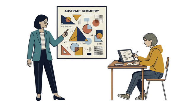 A vector graphic illustration of a teacher and student in a classroom with abstract geometry on the board on transparent background Typical brazilian food,