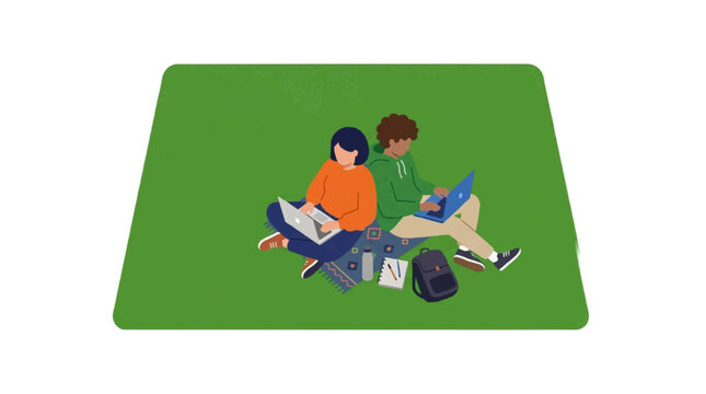 A minimalist vector illustration of two students sitting on a green mat studying together on transparent background Typical brazilian food,