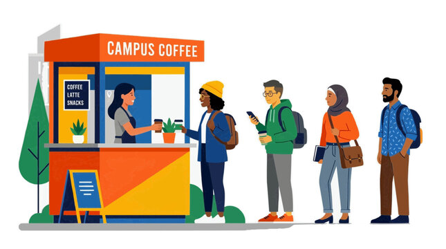 A colorful illustration of a campus coffee stand with a line of students waiting to order on transparent background Typical brazilian food,