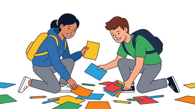 A colorful illustration of two students working together on a project with paper and pencils on transparent background Typical brazilian food,