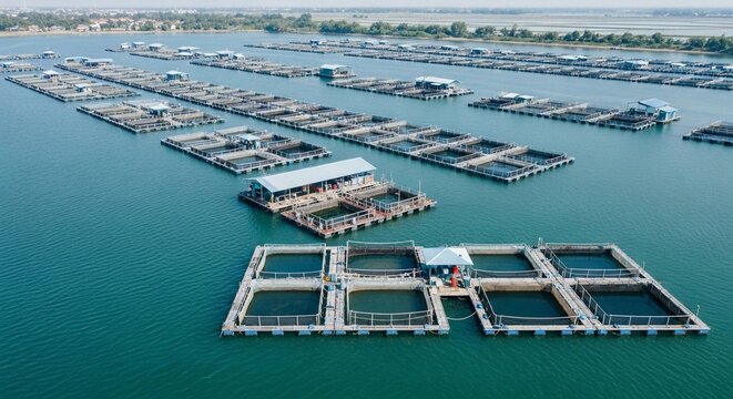 Expansive Floating Fish Cages Arranged in Rows on Calm Blue Water, Showcasing Modern Aquaculture Practices