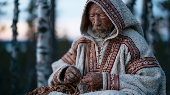 Sami reindeer herder in traditional embroidered clothing mending leather harness near a birch forest at twilight blue hour, weathered hands stitching, northern Scandinavia, autumn