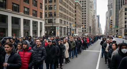 Obraz premium Diverse Crowd Waiting in a Long Queue Along a Busy City Street