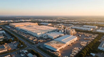 Fototapeta premium Expansive industrial factory complex with extensive warehouses and production buildings illuminated by morning sunlight in an aerial overview