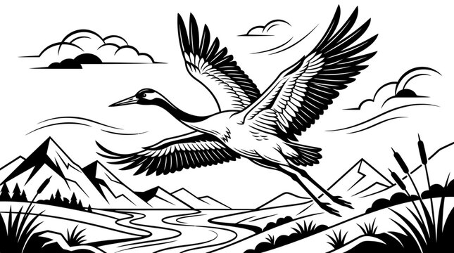 Crane flying over mountain landscape woodcut style.